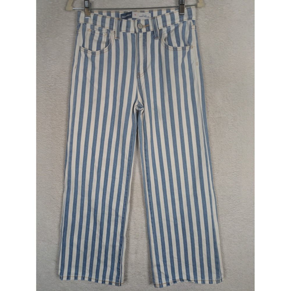 Old Navy Jeans Girl's 14 Blue High-Rise Baggy Wide Leg Striped Cotton